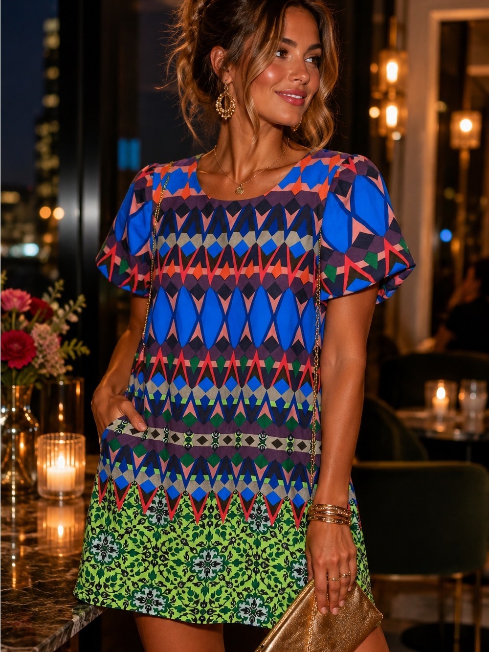 J. Crew 100% Silk Geometric Short Sleeve Modern Maximalist Above Knee Dress